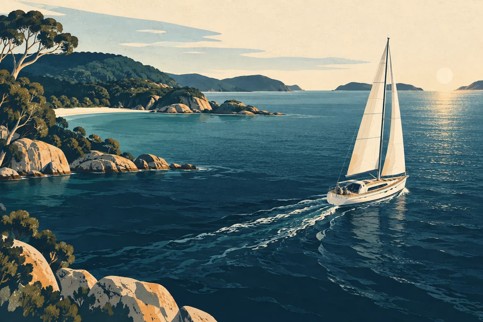 Editorial illustration of a cruising yacht beginning a new chapter on the Australian coast